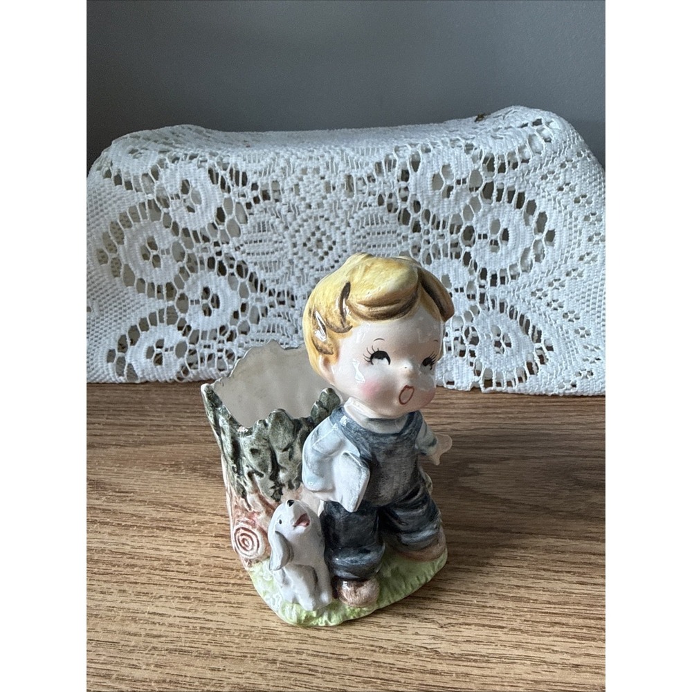 Vintage Enesco Hand Painted Planter Featuring A Boy And A Puppy